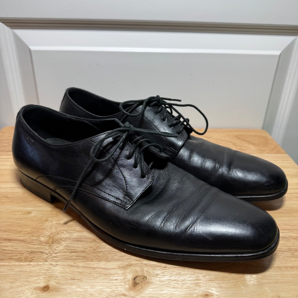 Hugo Boss Mens Black Leather Derby Dress Shoes Almond Toe Size 12 US